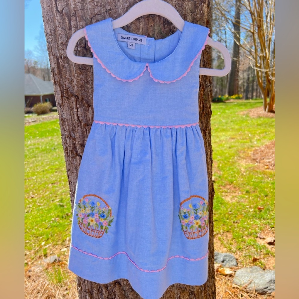 NWOT Sweet Dreams Light Blue Girls' Dress with Pink Trim and Embroidered Baskets